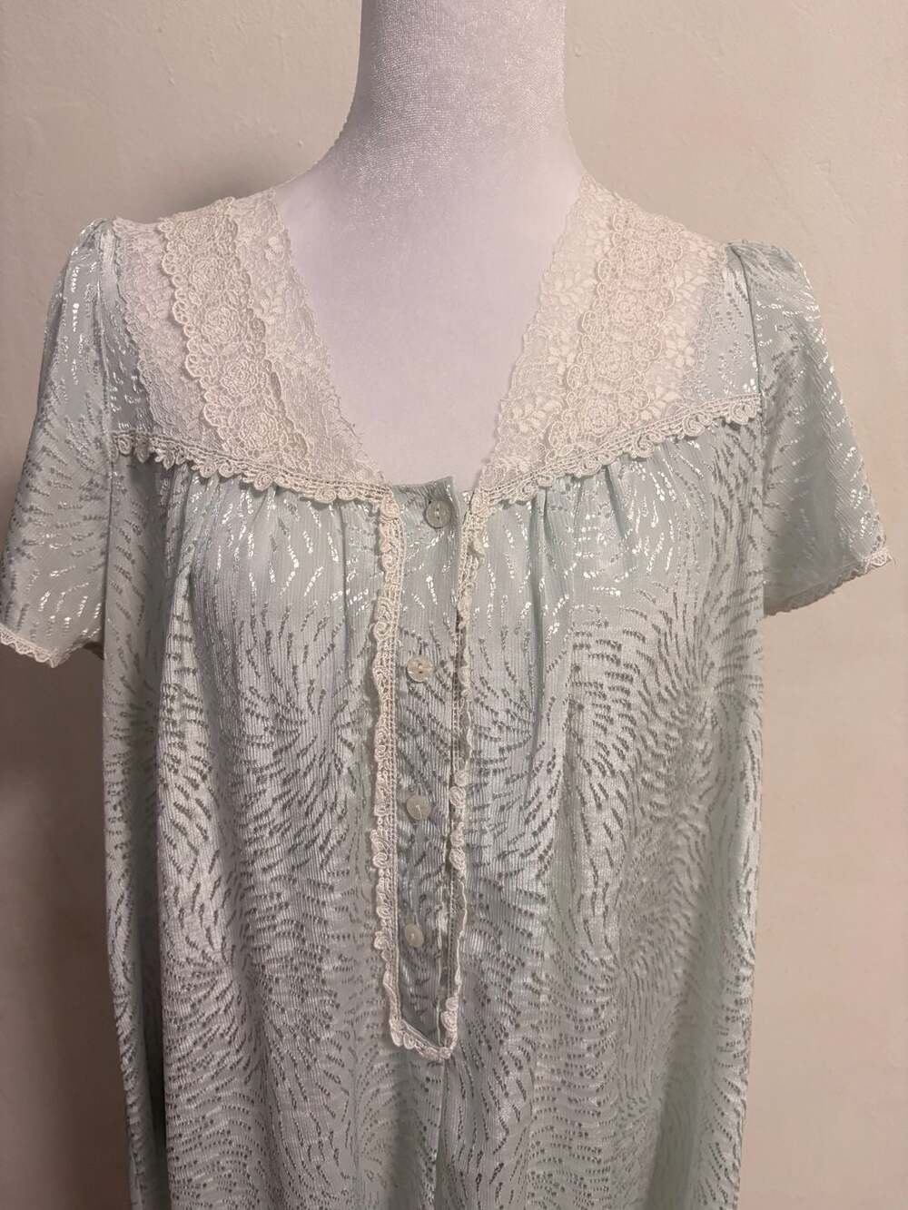 Vtg Christian Dior Light Blue Brocade Babydoll Lace-Trim Nightgown Cottagecore